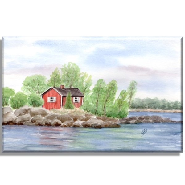 Leinwand 40 x 30 cm Keilrahmen Canvas-Leinen Aquarell Kunst Druck Kunstdruck Schweden Sweden Sverige Schären Haus Inseln See